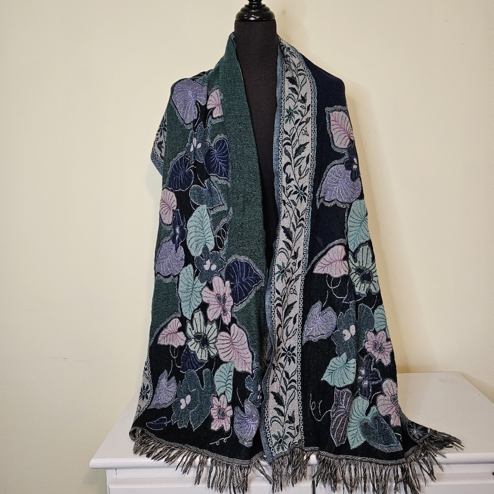 Floral Patterned Shawl Wrap with Fringe
